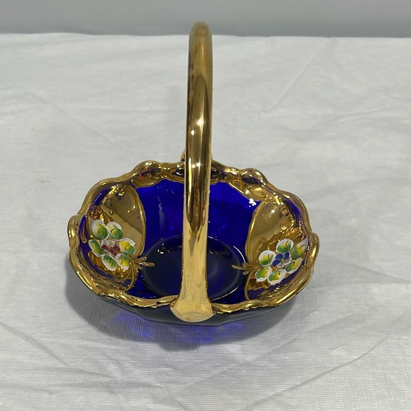 BOHEMIAN CRYSTAL BASKET 24K gold Moser Vintage Czech Cobalt Blue Enamel Painted - Picture 2 of 16